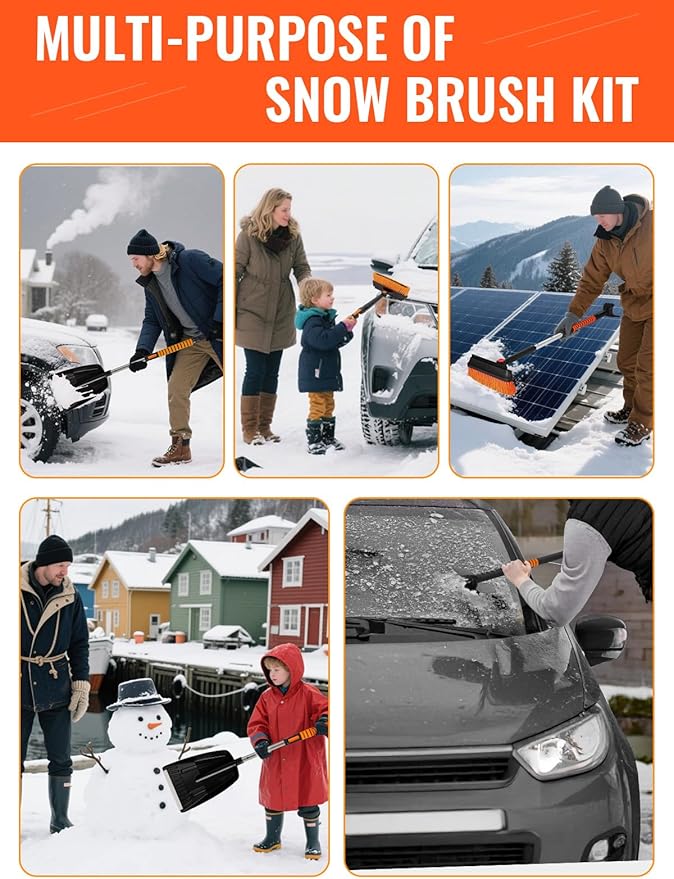 5 in 1 Multi-Functional Snow Brush Ice Scraper and Shovel Kit with Detachable Ergonomic Foam Grip for Car Automobile Vehicle Window SUV Truck Windshield Patios Driveways Sidewalks Winter Snow Removal