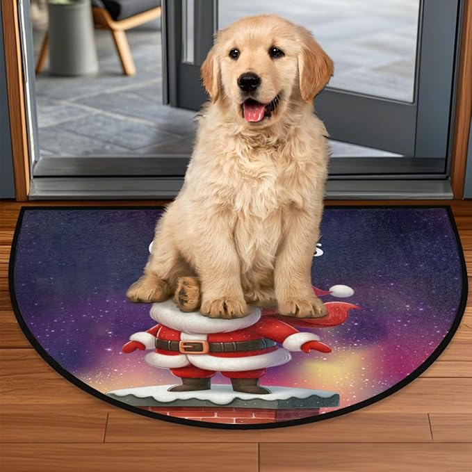Christmas Half Round Door Mat, Merry Christmas Santa Chimney Semicircle Door Mats, Non Slip Area Rug Soft Doormat for Indoor Entrance Wear Resistant Welcome Mat for Garage Patio Home Decor 24 x 36 In