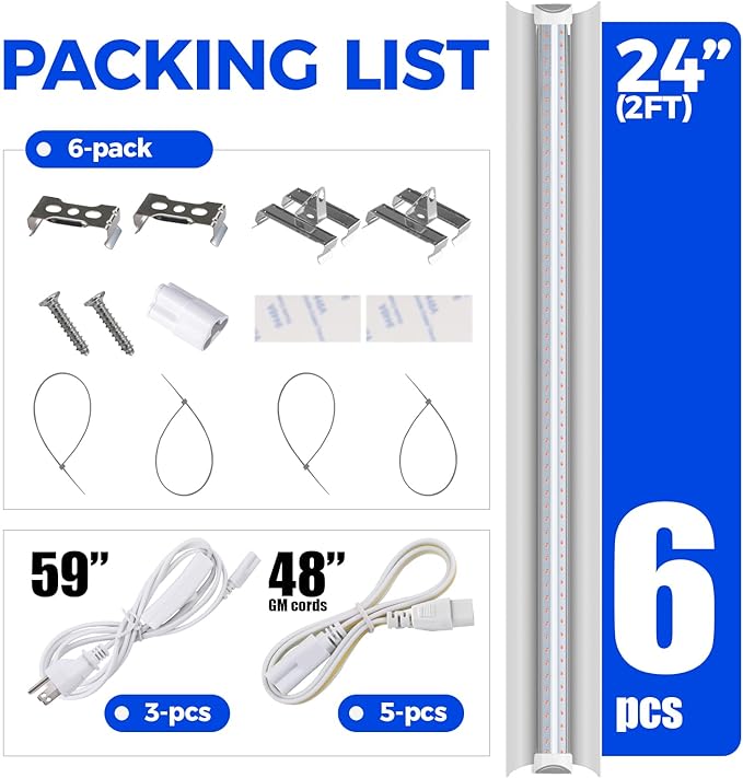 Barrina LED Grow Light, 144W(6 x 24W, 800W Equivalent), 2ft T8, Full Spectrum, High Output, Linkable Design, T8 Integrated Bulb+Fixture, Plant Lights for Indoor Plants, 6-Pack