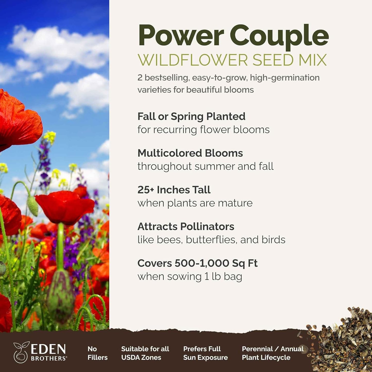 Eden Brothers Power Couple Flower Mixed Seeds for Planting, 1 lb, 480,000+ Seeds with Rocket Larkspur, Bupleurum | Attracts Pollinators, Plant in Spring or Fall, Zones 3, 4, 5, 6, 7, 8, 9, 10