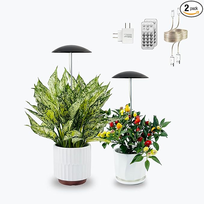 LED Grow Lights for Indoor Plants 2 Pack, Smart USB Small Full Spectrum Plant Lights with Remote, Height Adjustable, Auto On/Off Timer, Ideal for Home Decoration, Black
