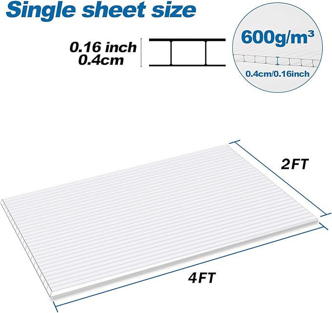 Polycarbonate Greenhouse Panels, 14 Pack Twin Wall 4mm Sheets, 4' (W) x 2'(L) x 0.16” - Impact and Shatterproof, Waterproof, UV Protected, All-Weather Outdoor Clear Roof Panels