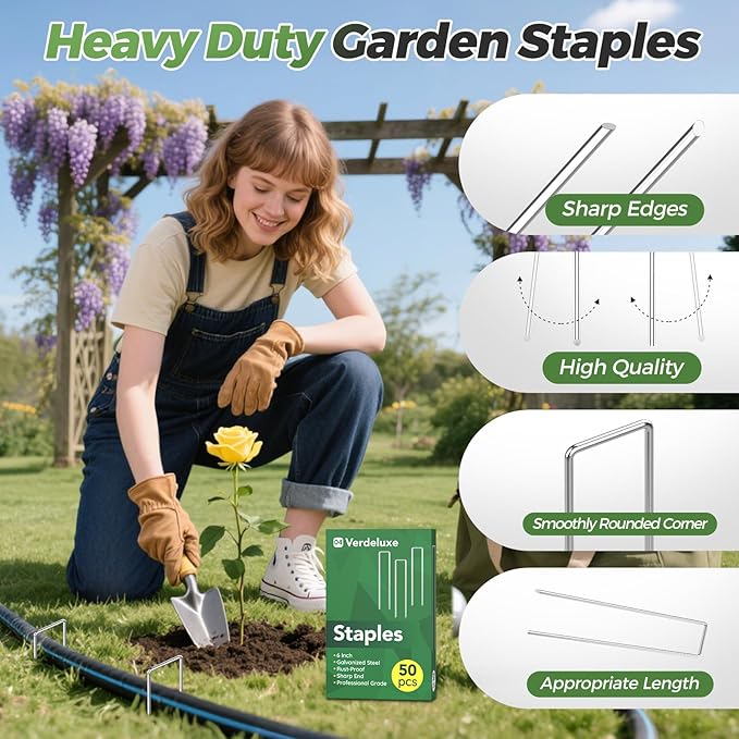 50 Pack Garden Staples,6 Inch 11 Gauge Galvanized U-Shaped Garden Stakes,Heavy-Duty Ground Lawn Stakes for Inflatables,Irrigation Tubing,Holding Fence,Weed Barrier Fabric,Decoration