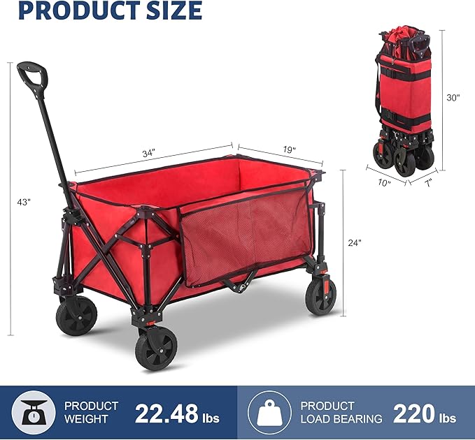 Collapsible Folding Wagon Cart, 220LBS Heavy Duty Foldable Utility Garden Cart with All Terrain Wheels & Side Storage Bag, Portable Sports Wagon for Camping, Shopping, Garden. (Red)