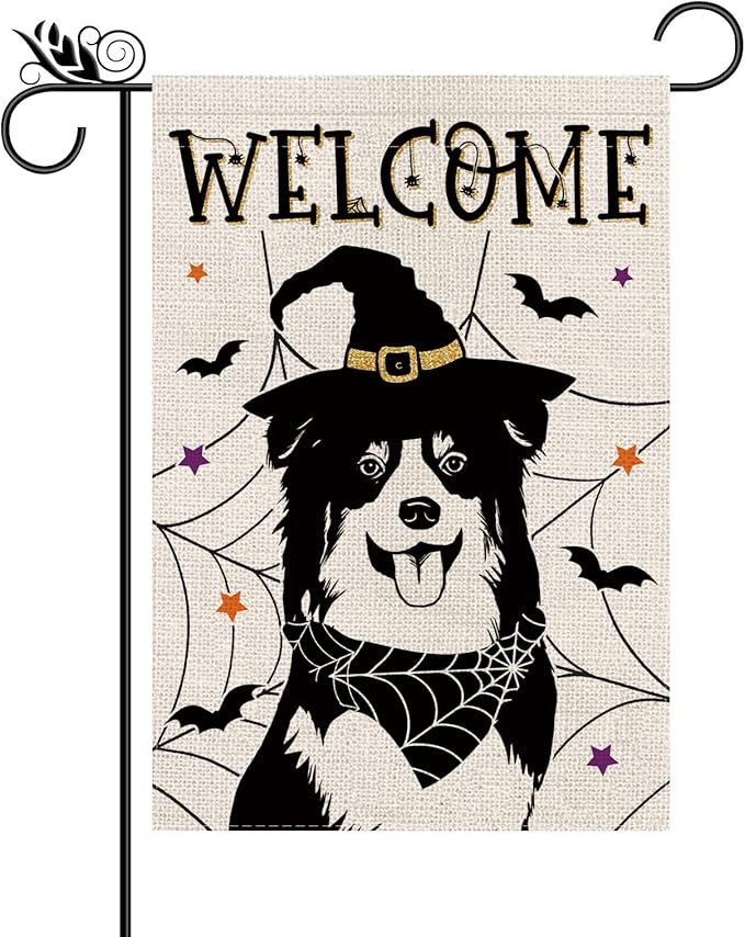 Halloween Garden Flag Australian Shepherd Cobweb Bats Double Sided Vertical Welcome Flag Holiday Outdoor Yard Lawn Decorations 12.5 x 18 Inch