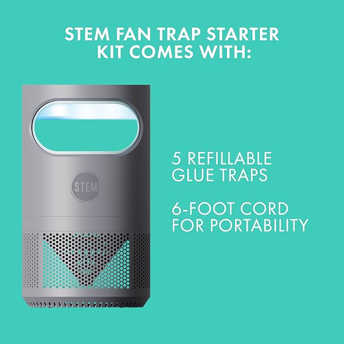 STEM Flying Insect Fan Trap for Indoor Bug Control, Attracts Mosquitoes, Fruit Flies, and House Flies, Plug-in Fan with UV Light, Starter Kit Includes 2 Devices and 10 Glue Traps