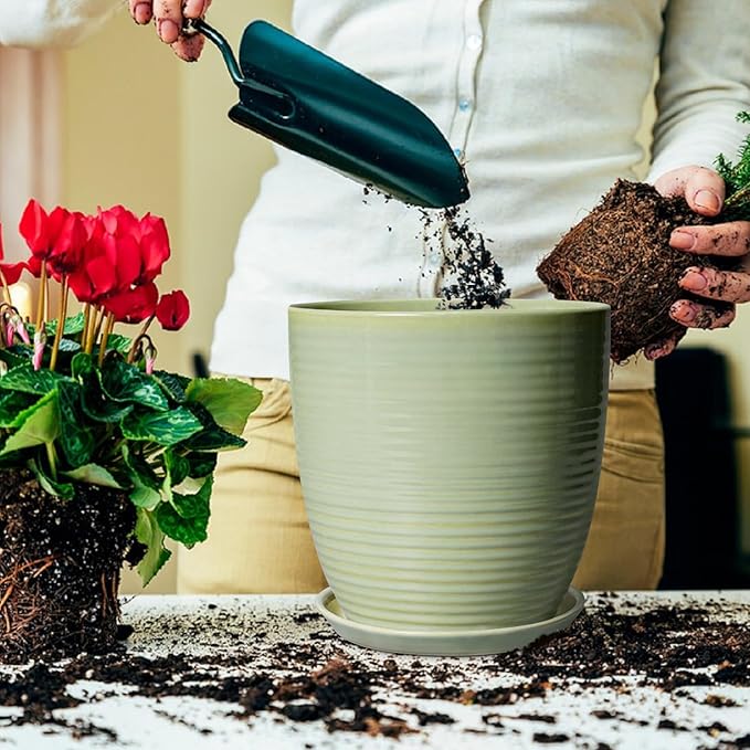 Ceramic Planter - 10 Inch Plant Pot for Indoor Outdoor with Drainage Hole and Plant Tray, Modern Round Home Office Patio Room Decor, House Warming Gifts, Green