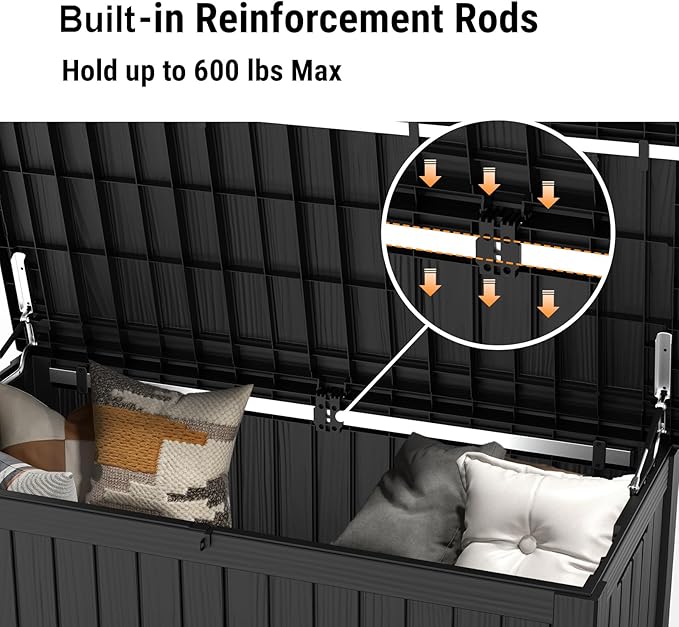 Mars Villa 119 Gallon Deck Box, Large Resin Outdoor Storage Box, Waterproof Storage Bin with Lockable Lid for Patio Furniture Cushions, Pool Supplies, Garden Tools, Weatherproof, Black