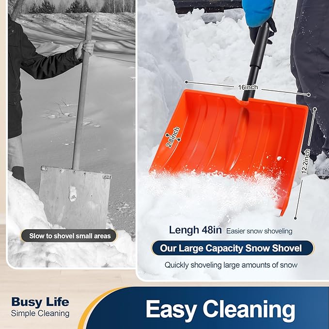 Yocada Snow Shovel for Driveway Home Garage Snow Removal Aluminum Strip with D-Grip Handle 48 inch Long Large Capacity Shovel for Garden Car Camping Outdoor Orange