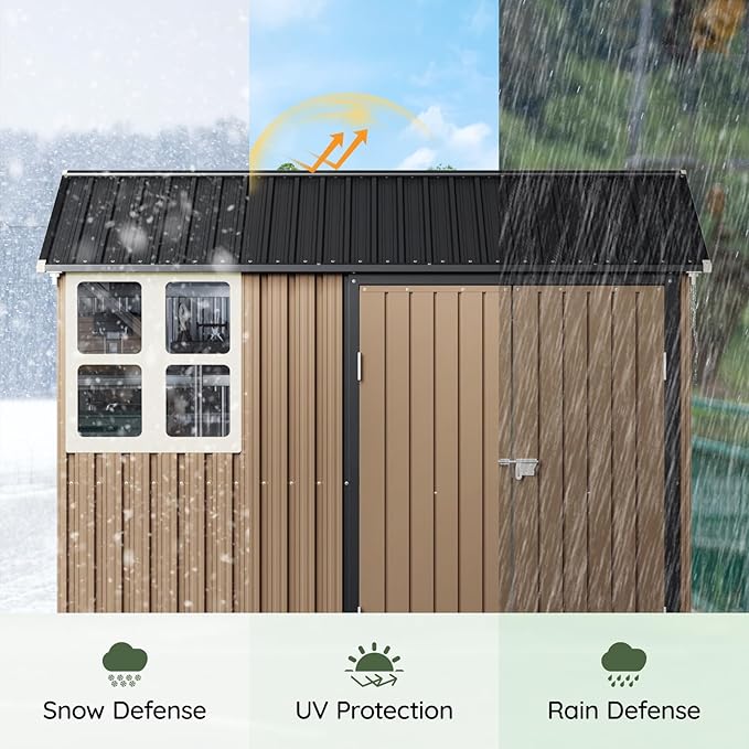 8x6 FT Outdoor Metal Storage Shed with Floor Frame, Double Doors, 1 Clear Window, Tool Shed for Garden, Patio, Backyard Brown