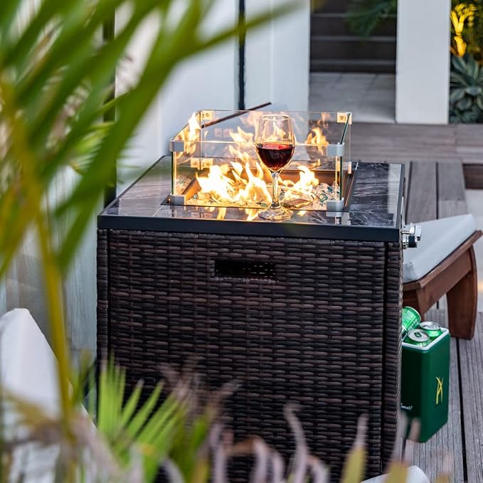 24in Outdoor Propane Gas Fire Pit Table, 40,000 BTU Auto-Ignition Gas Firepit with Glass Wind Guard, Marble Tile Tabletop, Mixed Color Glass Rocks, Brown PE Rattan