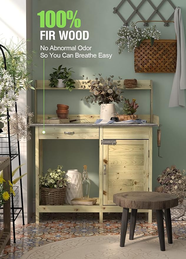 ARNOT Potting Bench,Outdoor Potting Bench Table with Sink and Storage Shelves, Wooden Garden Workstation for Gardening Tools, Planting, and Repotting – Natural Fir Wood (44” x 18” x 49.5”)