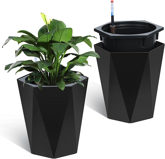 16 Inch Tall Outdoor Planters Set of 2, Self Watering Pots for Indoor Plants with Water Level Monitor & Drainage Hole & Wheels, Large Planter Pots for Garden, Patio, Balcony, Black