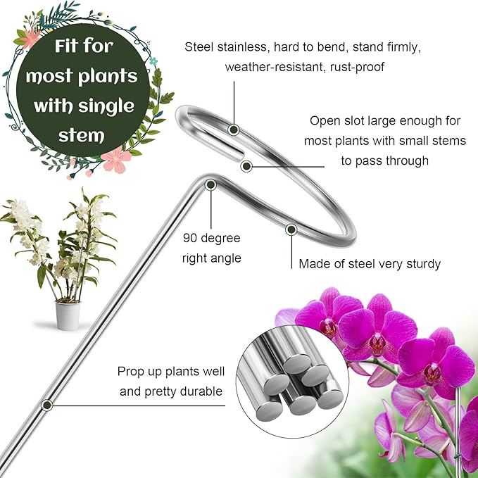 Suclain 10 Pack 30 Inch Plant Support Stake Garden Single Stem Flower Support Stake Cage DIY Stainless Steel Tall Plant Sticks Ring Bracing for Flowers Orchid Tomatoes Peony Lily Rose