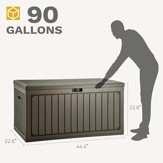 DWVO 90 Gallon Resin Outdoor Storage Box, XXL Double-Wall Waterproof Deck Box, Doubles as Table or Seating with 450 lbs Capacity, Lockable (Light Brown)