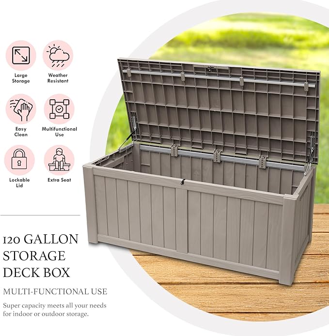 AJP Distributors 120 Gallon Outdoor Storage Box, Rain Waterproof Resin Deck Box, Lockable Large Storage Container for Patio Furniture, Cushions, Garden Tools, Sports Equipment and Pool Supplies Taupe