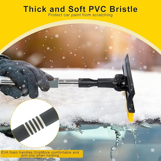 53'' Extendable Retractable Snow Brush & Ice Scraper for Cars/SUVs/Trucks - 360° Rotating Detachable Head, 10" Scratch-Free Squeegee, Ergonomic Foam Handle Winter Cleaning Tool (Yellow&Black)