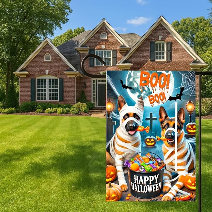 Halloween Garden Flag 11.81 x 17.72 Inch German Shepherd Dogs in Mummy Costume with Candy Pumpkins Bats and Full Moon Outdoor Yard Decoration for Holiday Party