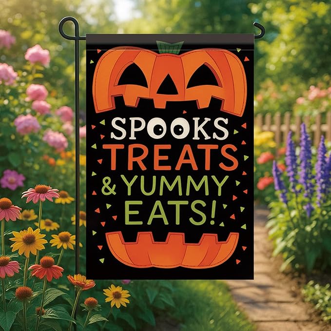 Halloween Garden Flag Spooks Treats & Yummy Eats Pumpkin Flag 12x18 Inch Double Sided Outdoor Yard Banner for Trick or Treat Halloween Decoration Decor
