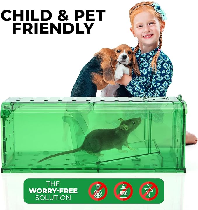 Humane Mouse Trap Pack of 2 - No Kill - Live Mouse Traps Indoor for Home Use - Reusable Rodent Traps for House Indoor, Safe & Effective Rat Trap Outdoor - Humane Mice Control with Cleaning Brush