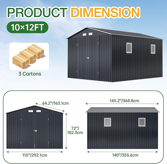 Outdoor Storage Shed 10X12FT with Frame Floor,Utility Tool Shed Metal Storage Garden Shed with Lockable Doors & Windows for Patio Storage, Midnight Blue