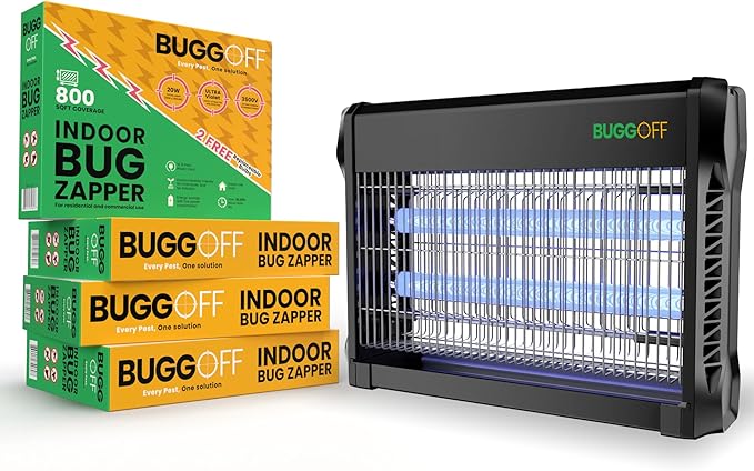 BUGGOFF Black Modern Indoor Electric Bug Zapper, 800 SQFT Coverage, 3500 Volts of Stunning Power, 20 Watts, Kills Mosquitos Gnats, Flys & More. 5 Year Warranty, X2 Free Replacment Bulb (4 Pack)