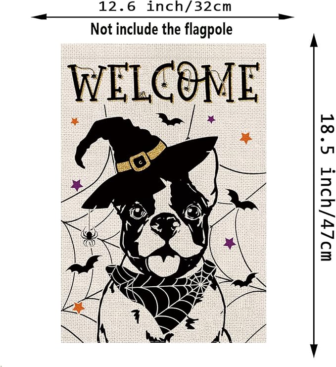 Halloween Garden Flag Boston Terrier Cobweb Bats Double Sided Vertical Welcome Flag Holiday Outdoor Yard Lawn Decorations 12.5 x 18 Inch