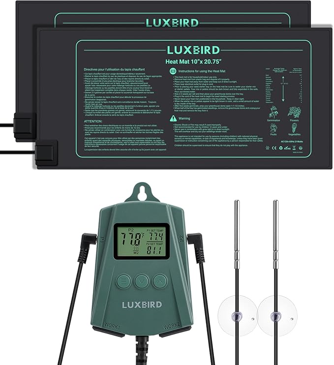 LUXBIRD 2 Pack 10"x 20.75" Seedling Heat Mat and Digital Thermostat Controller Combo Set (120v US Plug)