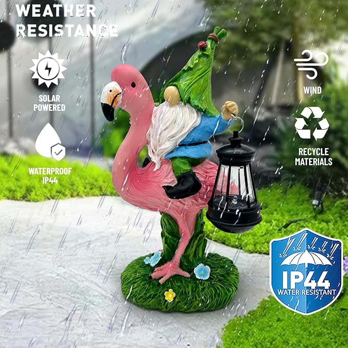 Gnomes Flamingo with Solar Lantern, Whimsical Decor for Garden, Yard, Patio, Lawn, LED Lights - Unique Gift for Women, Mom, Friends(Blue Gnomes)