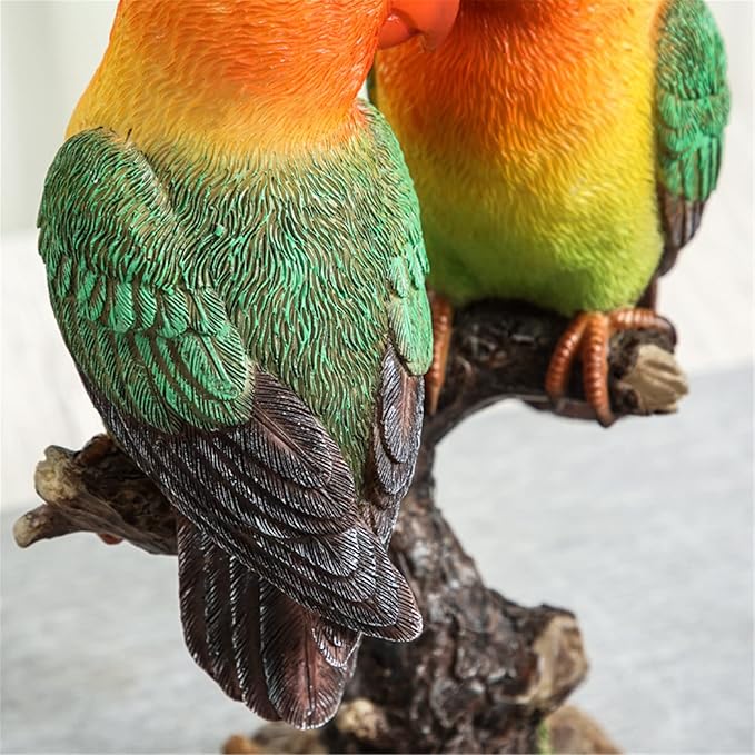 Lovebird Parrot on Stump Statue - Tree Hugger Garden Statues, Resin Parrot Figurines Lifelike Tropical Bird Sculptures for Patio Lawn Yard Home Desktop Decoration - Multicolor