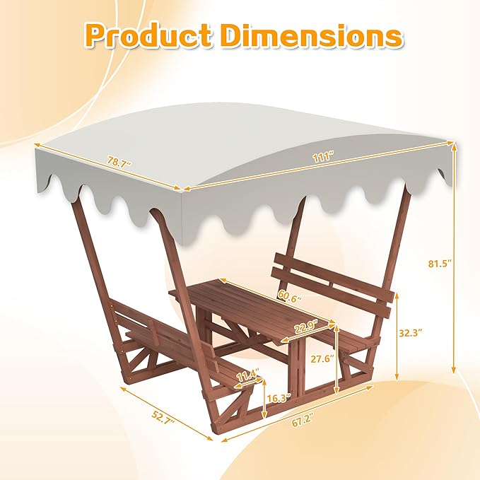 Outdoor Waterproof Solid Wood Picnic Table with Removable Canopy & Benches, Rectangle Tabletop, All-Weather for Patios, Gardens, Decks, Parks, Beaches
