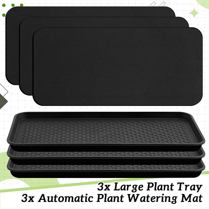 Vesici 6 Pack Large Self-Watering Plant Trays (30"x15") and 3mm Capillary Mat-Automatic Watering System for Indoor/Outdoor Plants, Durable Plastic Seedling Trays for Potted Plant, Garden