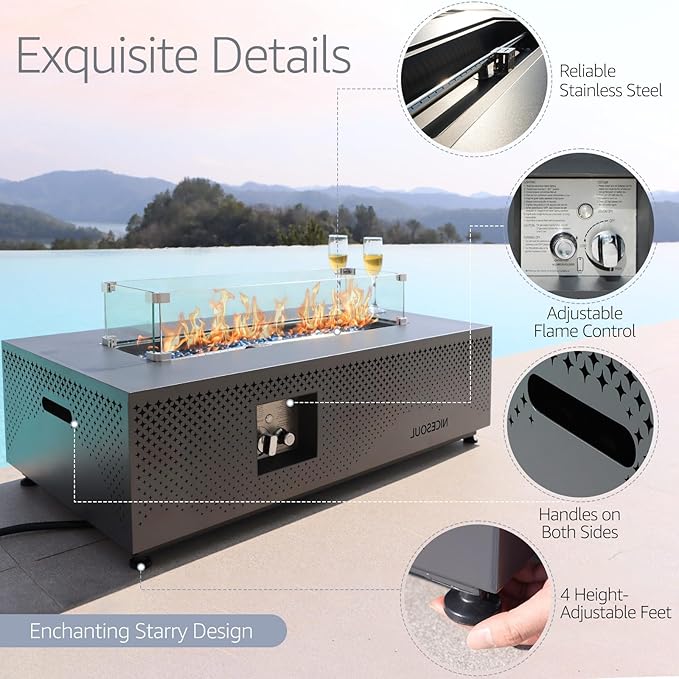 NICESOUL 42'' Propane/Natural Gas Fire Pit Table, Rectangle Firepits with Tank Table, 50000 BTU Modern Outdoor Fireplace with LED Lights for Outside Patio Backyard Deck Porch, CSA Certified, Dark Gray
