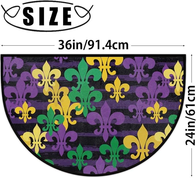 cfpolar Mardi Gras Half Round Door Mat, French Fleur De Lis Semicircle Doormat, Non Slip Soft Area Rug for Front Door Indoor Entrance Wear Resistant Welcome Mat, Blue, Gold, 24 x 36 in