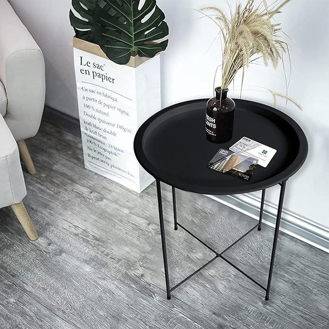 Garden 4 you End Table 2 PCS Metal Side Table Black Round Folding Tray Cyan Sofa Small Accent Fold-able Table, Round End Table Tray, Next to Sofa Table, Snack Table for Living Room and Bed Room