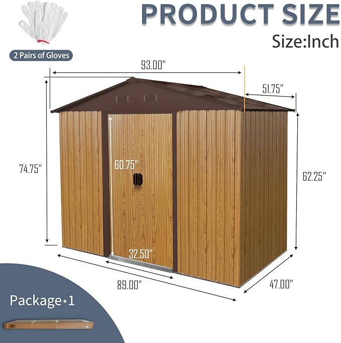 Outdoor Storage Shed, 8x4ft Metal Storage Shed with Vents and Metal Foundation, Lockable Sliding Door, All Weather Tilted Roof Tool Shed for Backyard, Patio, Lawn, Coffee