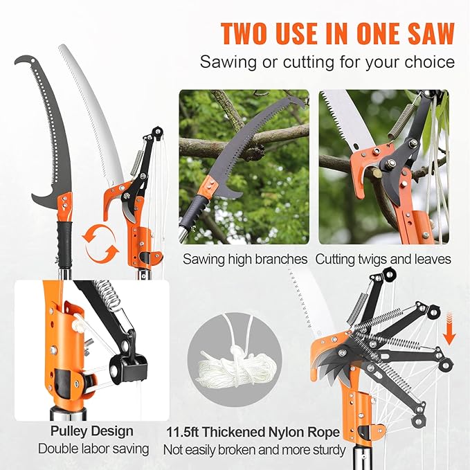VEVOR Manual Pole Saw, 7.3-27 ft Extendable Tree Pruner, Sharp Steel Blade and Scissors High Branches Trimming, Branch Trimmer with Lightweight 8 Fiberglass Handles, for Pruning Palms and Shrubs