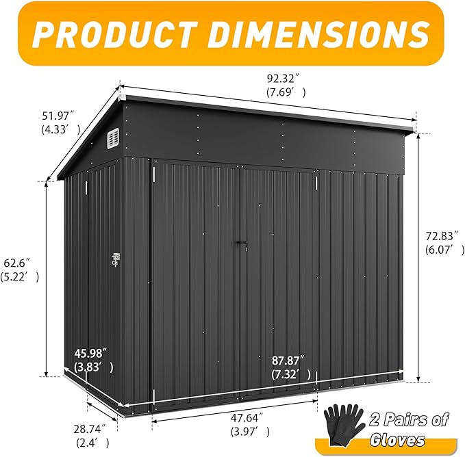 8'x4' Shed Galvanized Steel Storage Sheds with Triple Doors Utility Sheds for Vertical Storage, Dual Lock Lean to Shed with Sloped Roof for Mower, Bike, Garden Tools (Black)