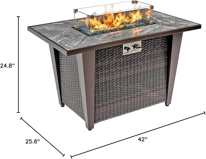 42'' Propane Fire Pit Table, Marble Tile Ceramic Tabletop with Glass Wind Guard, 50,000 BTU Fire Table with Inclined Leg and Art Powder Design, Blue Glass Rocks, Including Lid&Cover, Brown