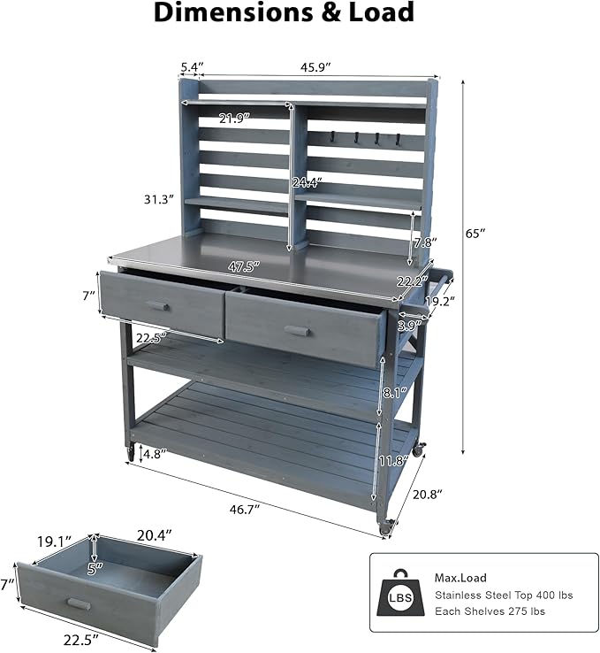 Polibi 64.9"H Outdoor Potting Bench Table with Lockable Wheels,Solid Fir Wood Outdoor Kitchen Island with Upper Hutch,Stainless Steel Top,Towel Rack,Outdoor Storage for Grilling,Lawn Garden(Grey Blue)