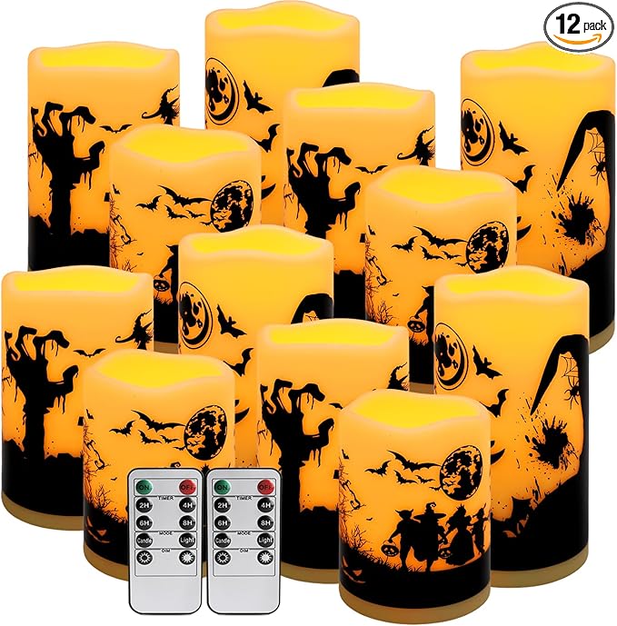 12-Pack Halloween-Flameless Led Pillar Candles，Remote Control and Timer Functions,
