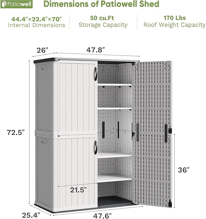 Patiowell 50 cu.ft Plastic Outdoor Storage Shed, Lockable Waterproof Resin Storage Cabinet Vertical Storage Shed for Garden Tools, Garbage Cans, Pool Supplies, White(Not Include Shelves)