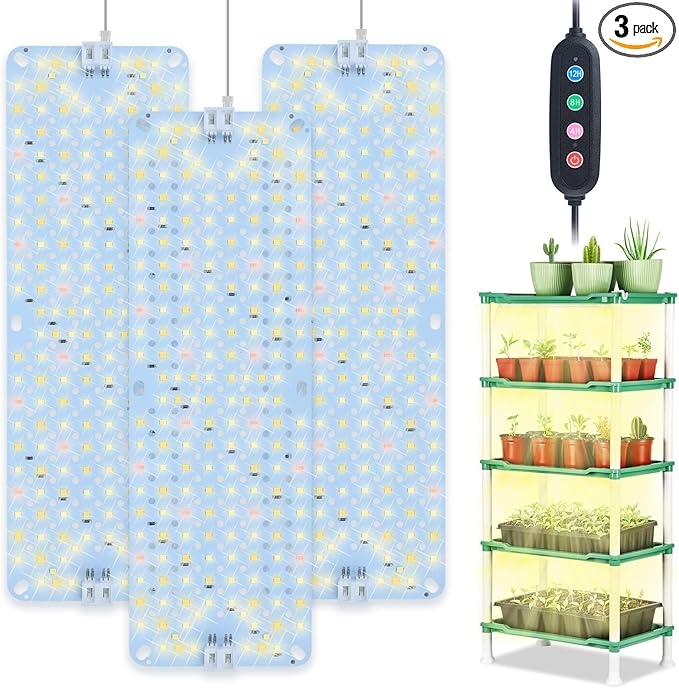3Pack Flat Panel Grow Lights for Indoor Plants, Seed Starting, Vegetables with 4/8/12 Hr Timer, 30W Full Spectrum LED Plant Growing Lamps for Cabinet/Shelves/Greenhouse, Plug-and-Play, Connect Freely