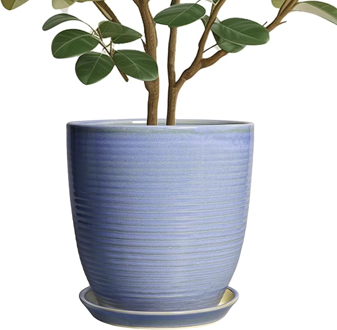 10 Inch Plant Pot - Round Ceramic Planter with Drainage Hole and Plant Saucer Indoor Outdoor for Decoration, Modern Home Garden Office Decor, House Warming Gifts, Blue-Purple