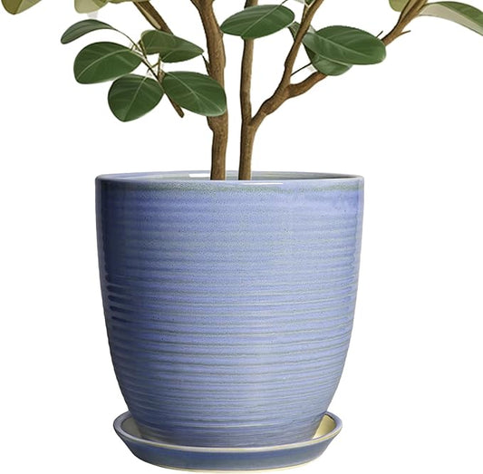 10 Inch Plant Pot - Round Ceramic Planter with Drainage Hole and Plant Saucer Indoor Outdoor for Decoration, Modern Home Garden Office Decor, House Warming Gifts, Blue-Purple