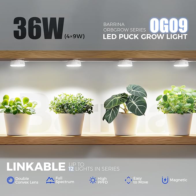 Barrina Orbgrow OG09 Puck Grow Light, 5000K 36W(4 x 9W, 540 Watt Equiv), Full Spectrum Plant Light for Indoor Plants, Magnetic & Linkable with Timer, 5 Levels Dimmable for Plant Shelf, 4 Packs