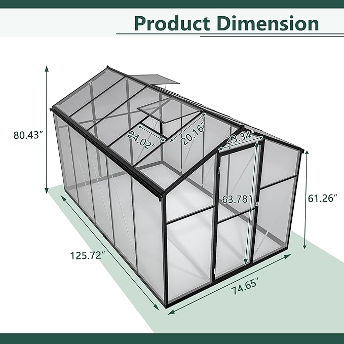 6x10 FT Greenhouses for Outdoors,Heavy Duty Polycarbonate Greenhouse,Lockable Walk-in Green House Sunroom w/ Roof Vent,Aluminum Hot House for Garden Plants Backyard Patio,Black