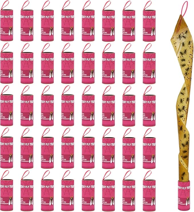 40 Pack Fly Trap, Fruit Fly Traps for Indoors, Fly Traps Outdoor Hanging, Flying Insect Trap, Fly Strips Tape Paper Ribbon, Gnat Traps for Bug, Insect, Pest, Mosquito, Pink
