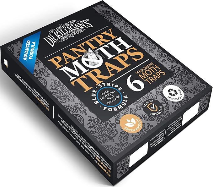 Dr. Killigan's Premium Double Potent Pantry Moth Traps with Pheromones Prime, Sticky Indian Meal Moth Traps for Kitchen, How to Get Rid of Moths in House, Organic Moth Pheromone Traps (6 Pack, Black)