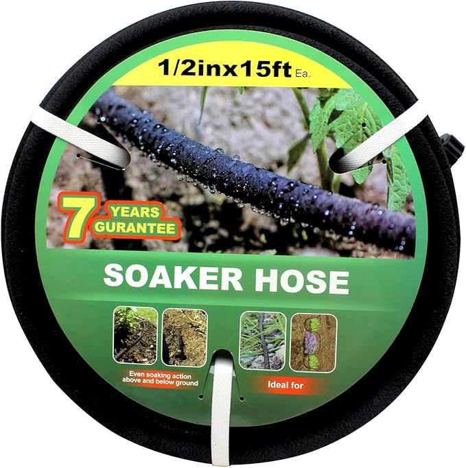 Taisia 1/2’’ Soaker Hose 15 FT Water Drip Garden Hose Drip Irrigation Hose Saves 70％Water Heavy Duty Rubber Round Soaker Hose for Garden, Lawn